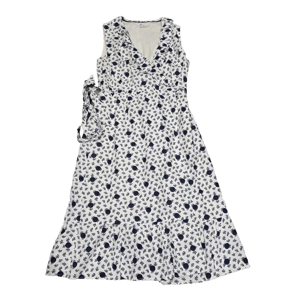 Boden Nancy Linen Midi Dress flower v-neck 8 R White blue A004530 - Picture 3 of 13